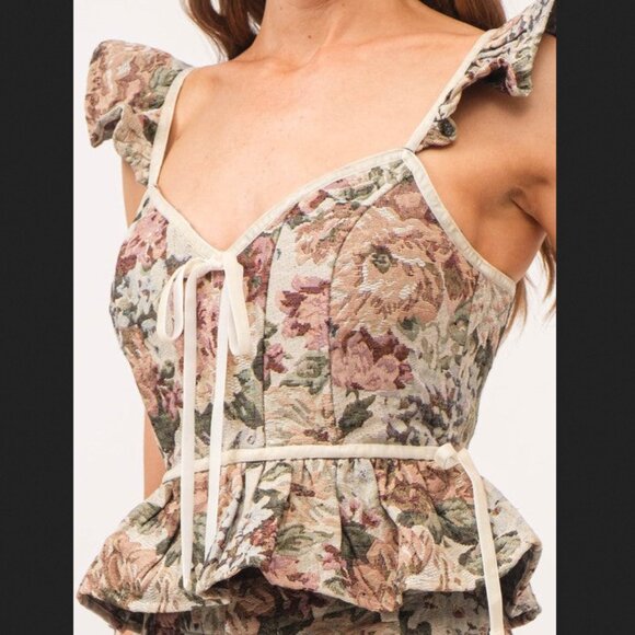 🤍 Sofie the Label Jacquard Corset Top Velvet Ribbons Cottagecore Milkmaid NWT - Picture 1 of 11
